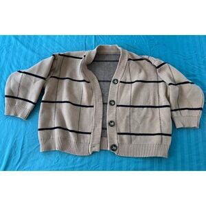 Beige‎ & Black Striped Cardigan Sweater V-Neck Button Front Long Sleeve